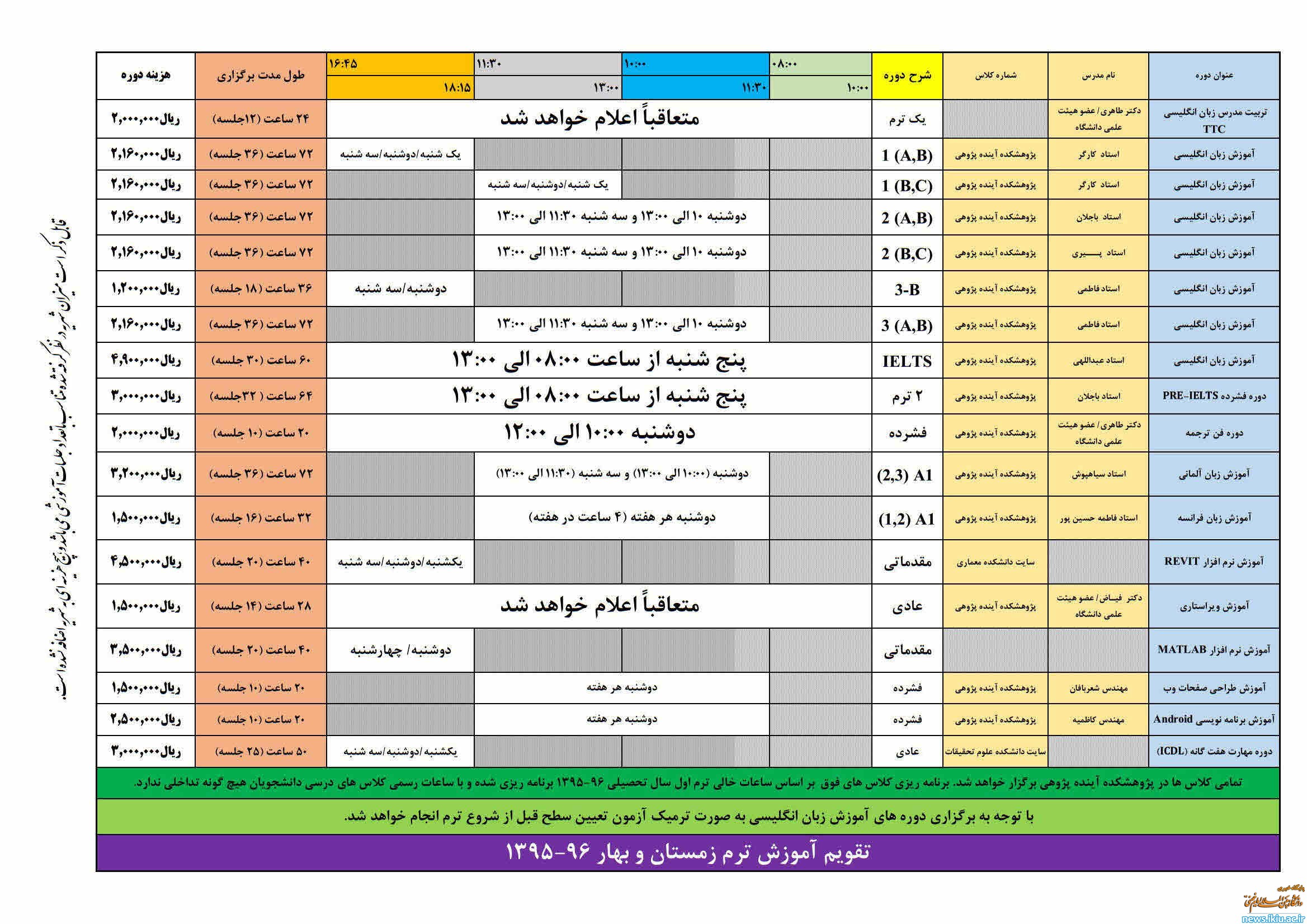 تقویم دوره های آموزشی کوتاه مدت دانشگاه (ترم  زمستان و بهار)